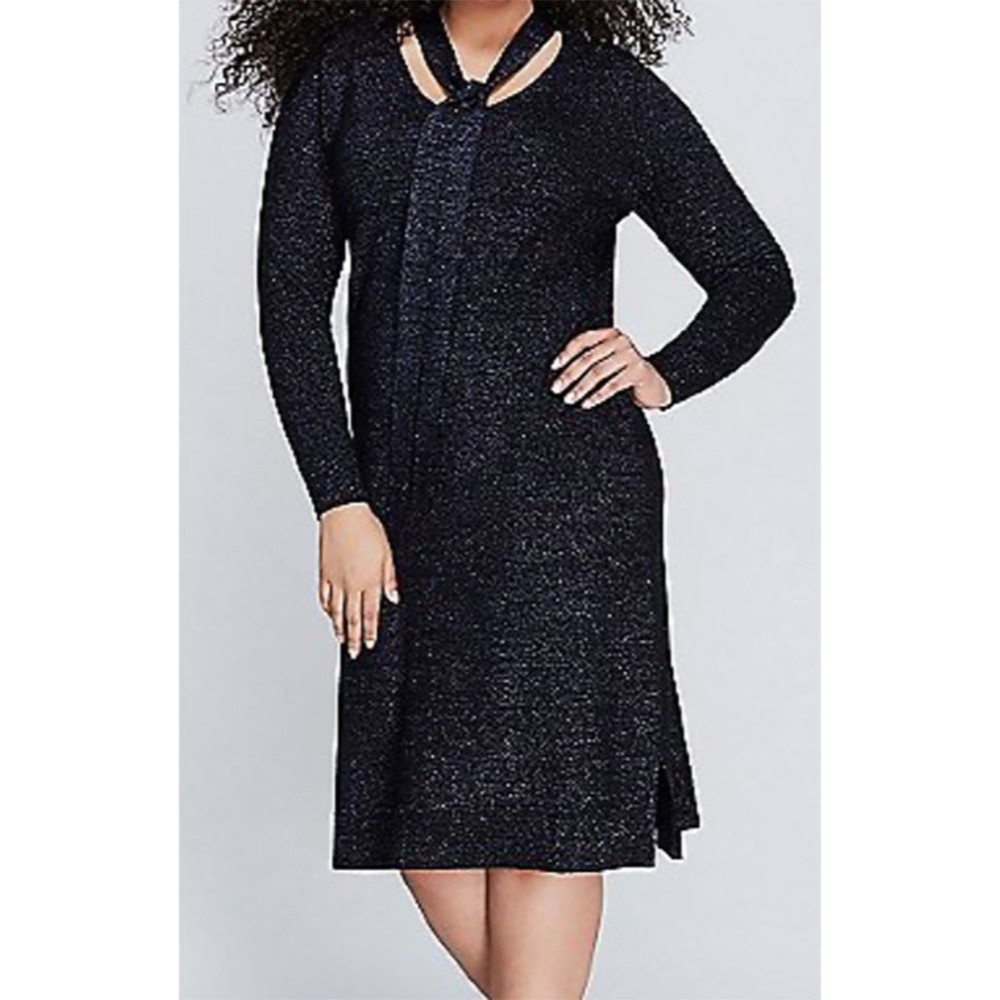 Lane Bryant Womens Sweater Dress 22/24 Metallic Sparkle Blue Tie Neck Career New